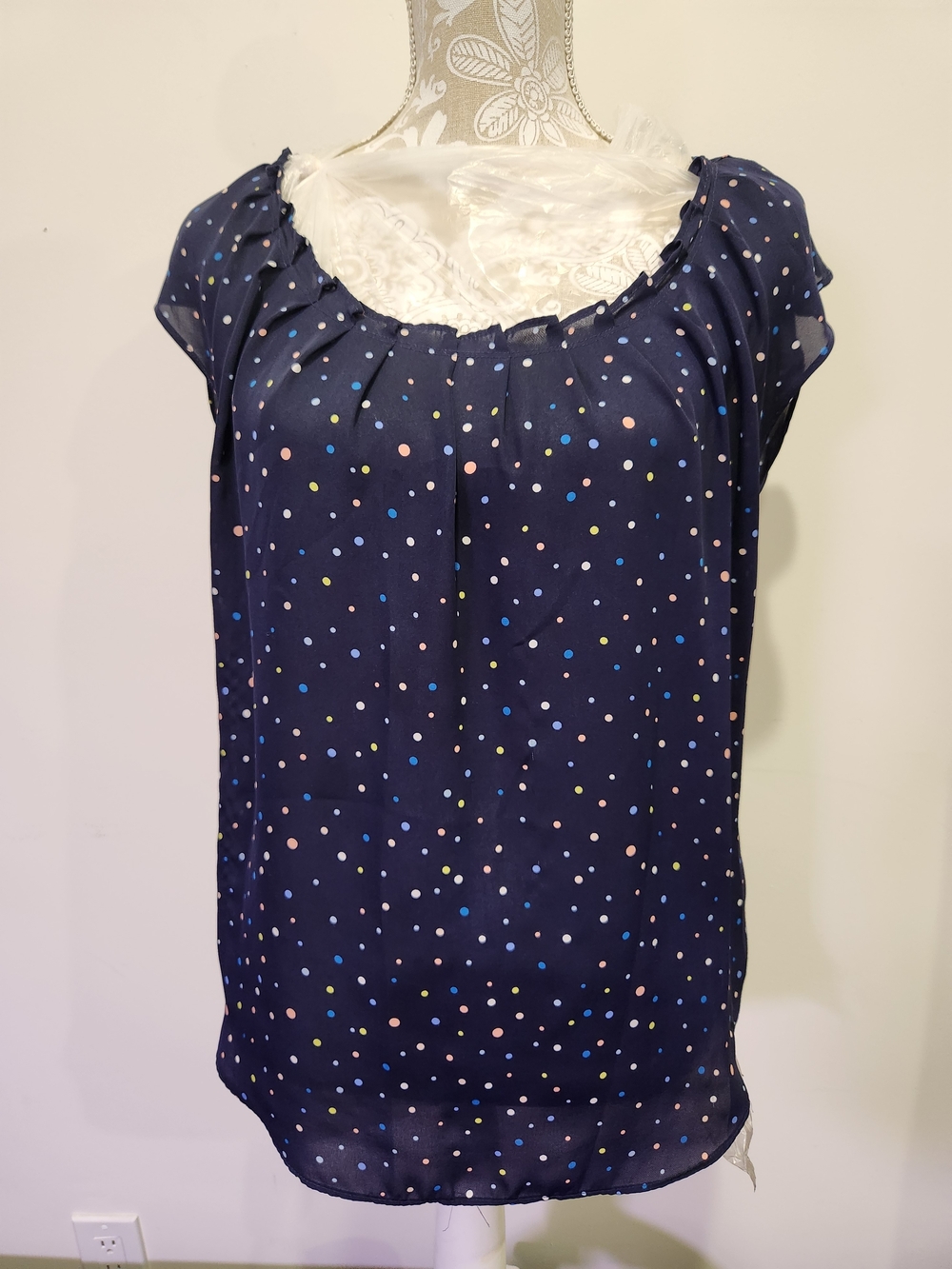 LC Lauren Conrad Navy Polka Dot Cap Sleeve Blouse